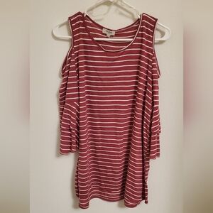 Umgee Women's Striped Cold Shoulder Layered Sleeve Blouse Top Size Large